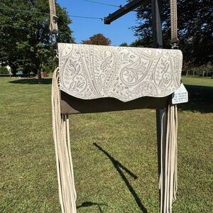 Holy Cow Couture Sassy Classy Cowgirl - White and Taupe Fringe Crossbody Bag